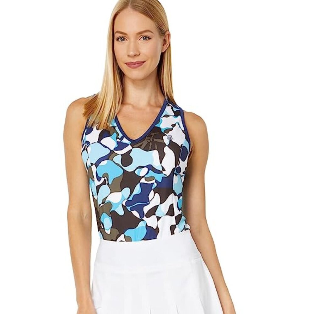 NWT Original Penguin Golf V-Neck Abstract Print Top (Astral Night) Women's
